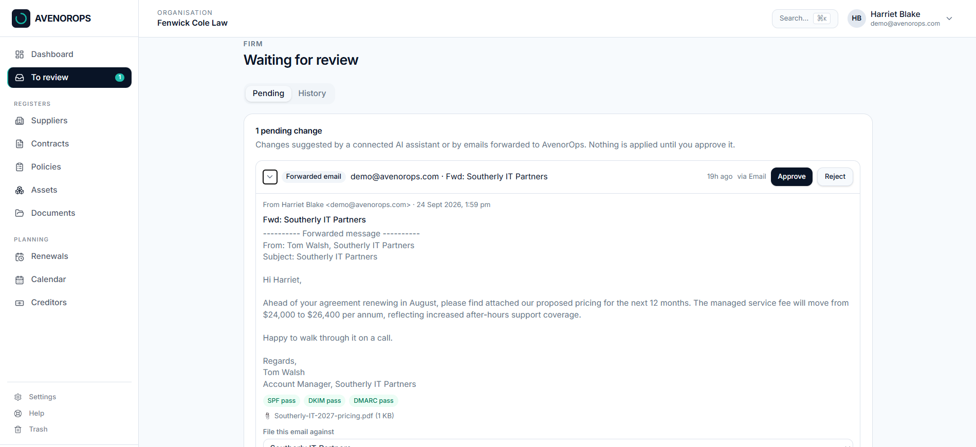 Fenwick Cole Law's AvenorOps To review page showing a forwarded Southerly IT email with authentication checks, a pricing attachment and Approve and Reject actions.