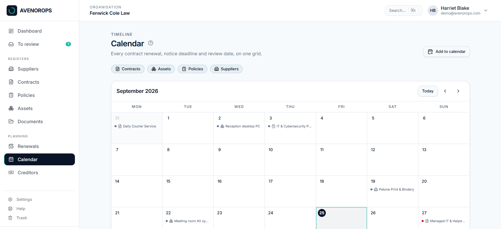 Fenwick Cole Law's AvenorOps Calendar for September 2026, showing contract renewals, notice deadlines and supplier, policy and asset review dates on a monthly grid.