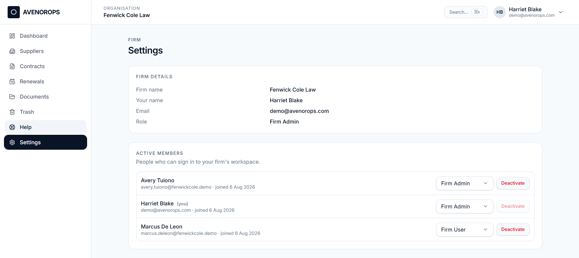 AvenorOps firm settings showing the active members panel with per-user role selection and deactivate controls.