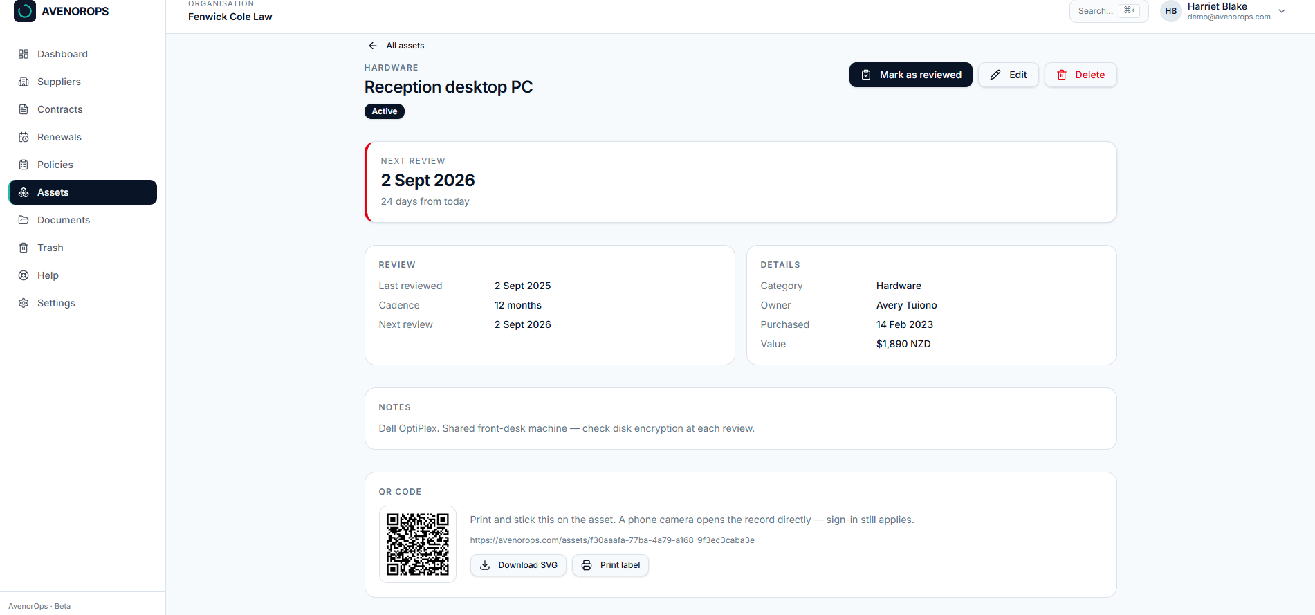 AvenorOps asset detail page showing a QR code section with download and print label actions.
